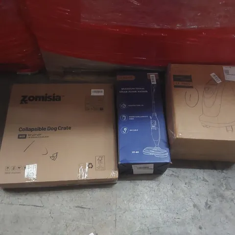 PALLET CONTAINING A VERY LARGE QUANTITY OF ASSORTED ITEMS INCLUDING: GARMENT STEAMER, STEAM FLOOR WASHER, DOG CRATE ECT