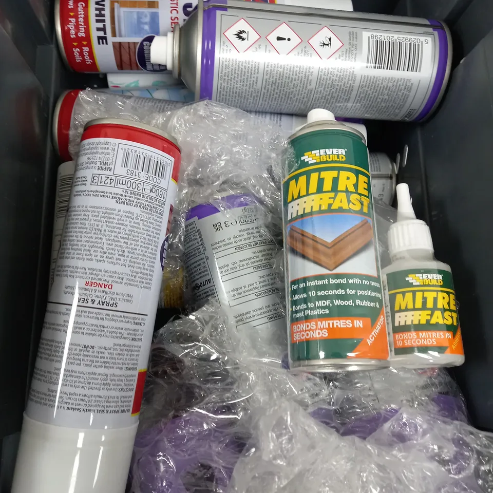 BOX OF APPROX 10 ASSORTED LIQUIDS TO INCLUDE - SILICONE SPRAY, MITRE FAST, SPRAY & SEAL ETC