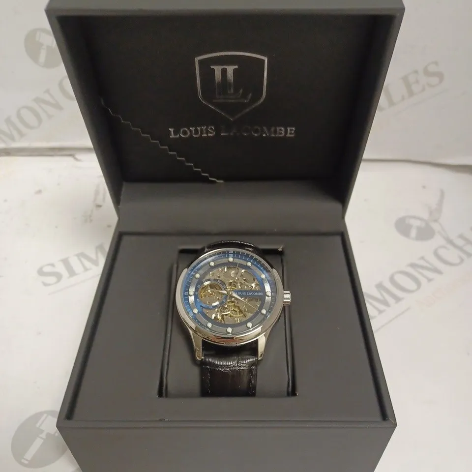 MENS LOUIS LACOMBE AUTOMATIC WATCH – SKELETON DIAL – GLASS EXHIBITION BACK CASE – LEATHER STRAP 