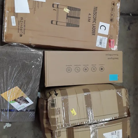 PALLET TO CONTAIN AN ASSORTMENT OF HOUSEHOLD ITEMS TO INCLUDE TOWEL DRYER, CAT SCRATCHER CUSHIONS AND TELESCOPIC LADDER ECT