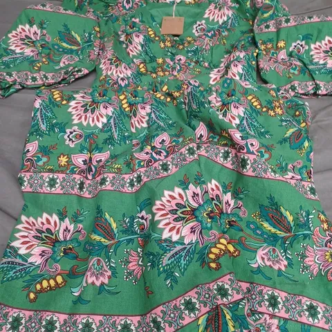 BODEN LOLA BLOUSON MAXI DRESS, GREEN/MULTI - UK SIZE 6R