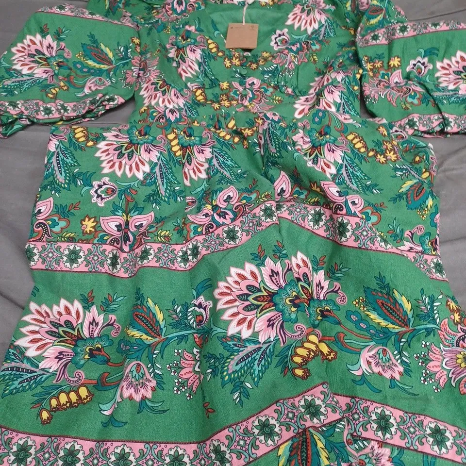 BODEN LOLA BLOUSON MAXI DRESS, GREEN/MULTI - UK SIZE 6R