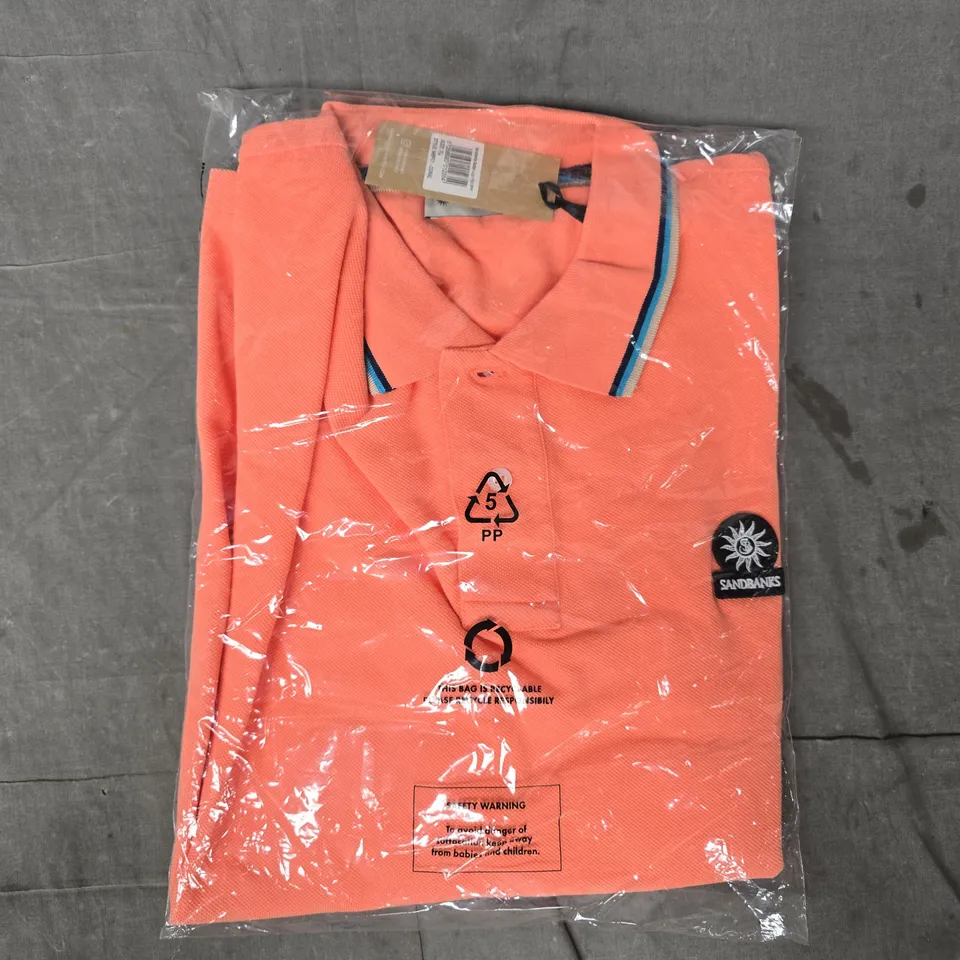 SANDBANKS BADGE LOGO POLO SHIRT IN CORAL SIZE XL