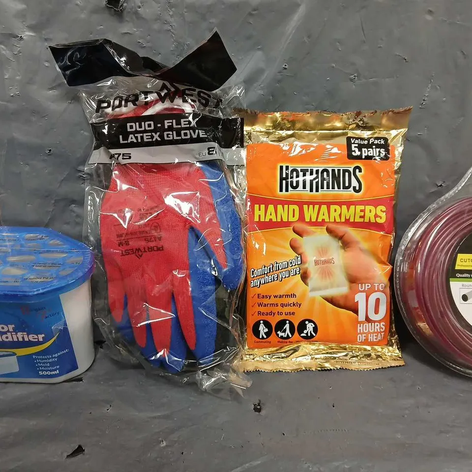 BOX OF APPROXIMATELY 15 ASSORTED ITEMS TO INCLUDE - TRIMMER LINE , HOT HANDS HAND WARMERS , LATEX GLOVE ETC