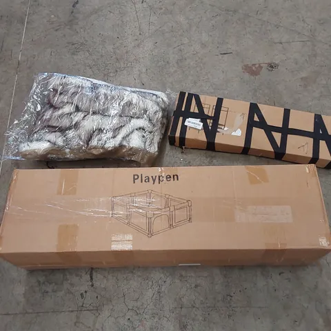 PALLET OF ASSORTED HOUSEHOLD ITEMS AND CONSUMER PRODUCTS TO INCLUDE; PLAYPEN, THROW, SCOOTER, CAMPING ITEMS, BOXED FURNITURE ETC