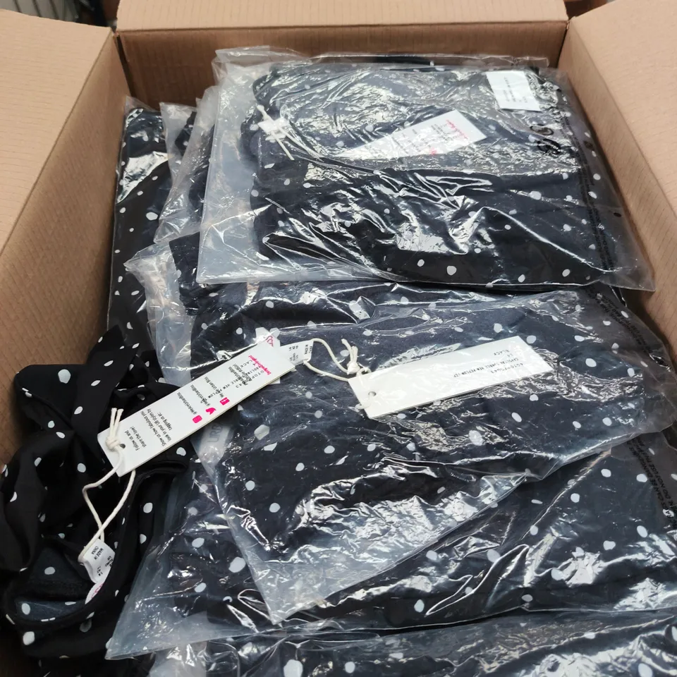 BOX OF APPROXIMATELY 50 URBAN BLISS WOMEN'S BLACK POLKA DOT WRAP BLOUSE WITH TIE-WAIST - SIZES 8 / 10 /12 / 14 