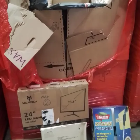 PALLET OF ASSORTED HOUSEHOLD GOODS AND PRODUCTS TO INCLUDE;LED MONITOR,STEAM CLEANER,ACTIVITY GYM MAT