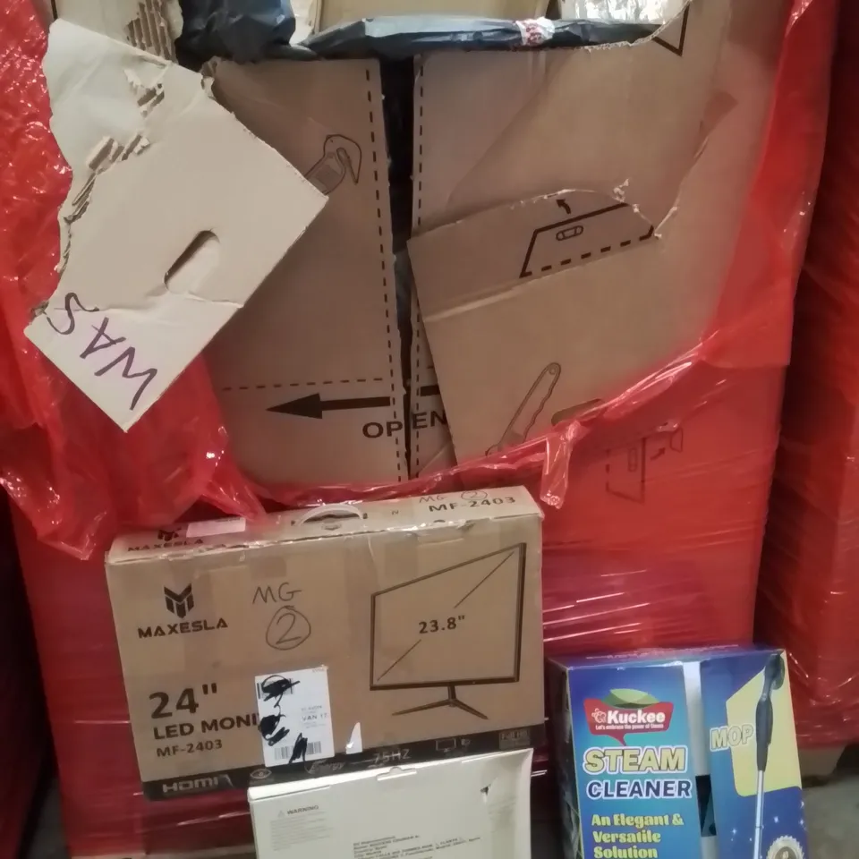PALLET OF ASSORTED HOUSEHOLD GOODS AND PRODUCTS TO INCLUDE;LED MONITOR,STEAM CLEANER,ACTIVITY GYM MAT