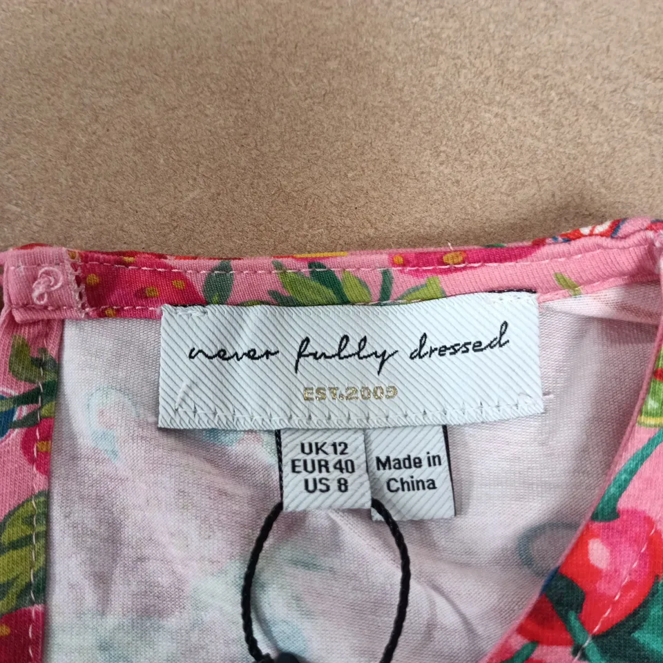 NEVER FULLY DRESSED PINK FRUIT STAMPS MINI DRESS – UK 12 (EU 40) MADE IN CHINA