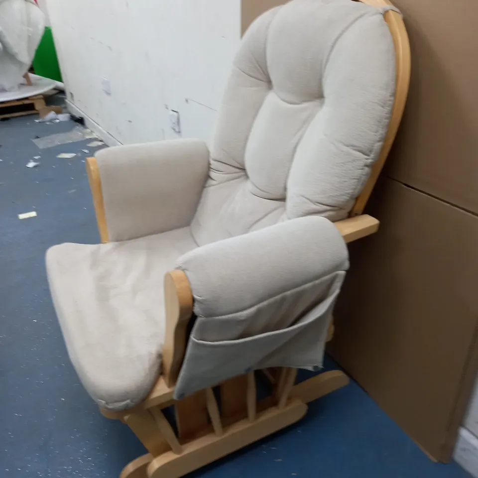 WOODEN ROCKING CHAIR WITH BEIGE FABRIC CUSHIONS / COLLECTION ONLY