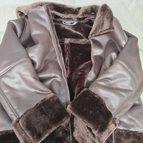 RUTH LANGSFORD FAUX FUR LINED AVIATOR JACKET IN BROWN - 10