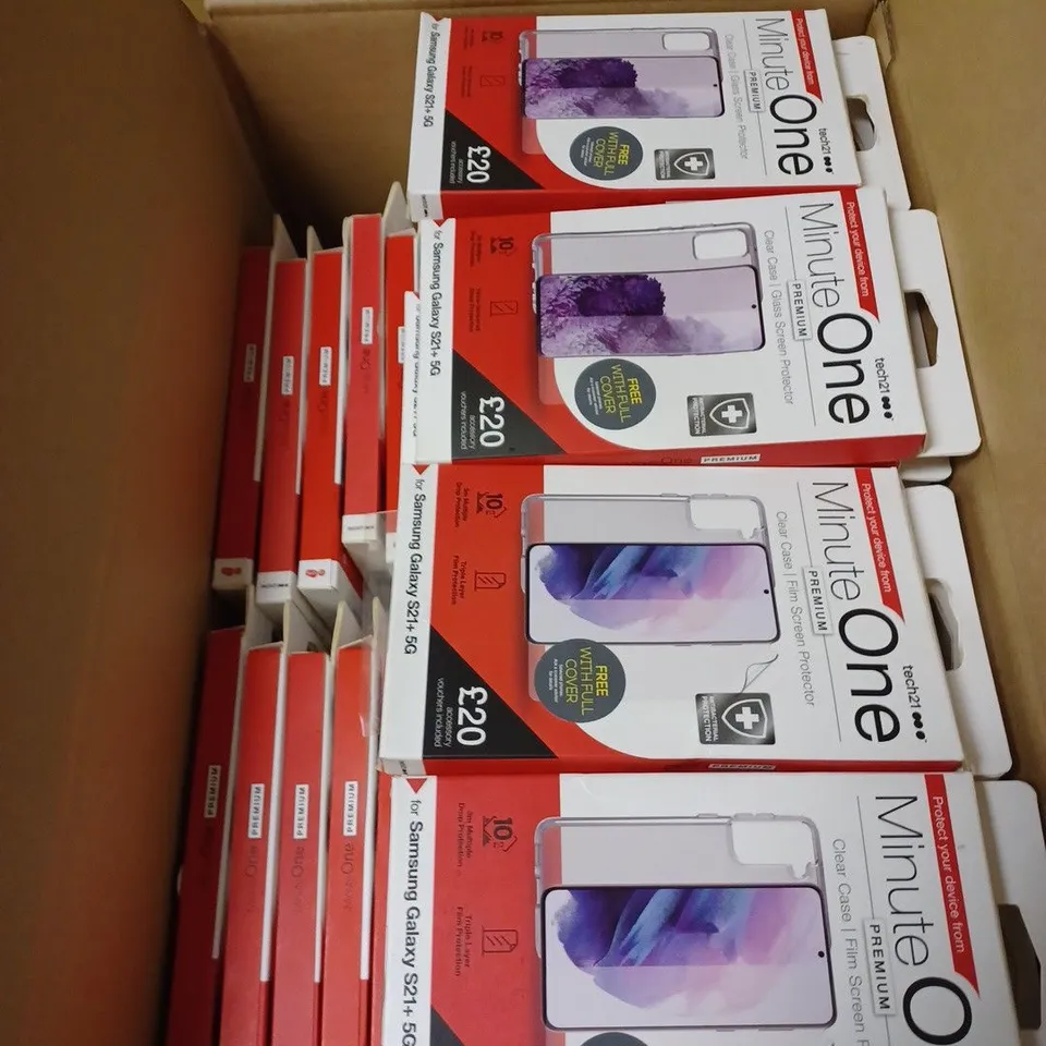 LOT OF APPROX. 96 BRAND NEW TECH21 MINUTE ONE PREMIUM CLEAR CASE FILM SCREEN PROTECTOR WITH 3M MULTIPLE DROP PROTECTION AND TRIPLE LAYER FILM PROTECTION FOR SAMSUNG GALAXY S21+ 5G