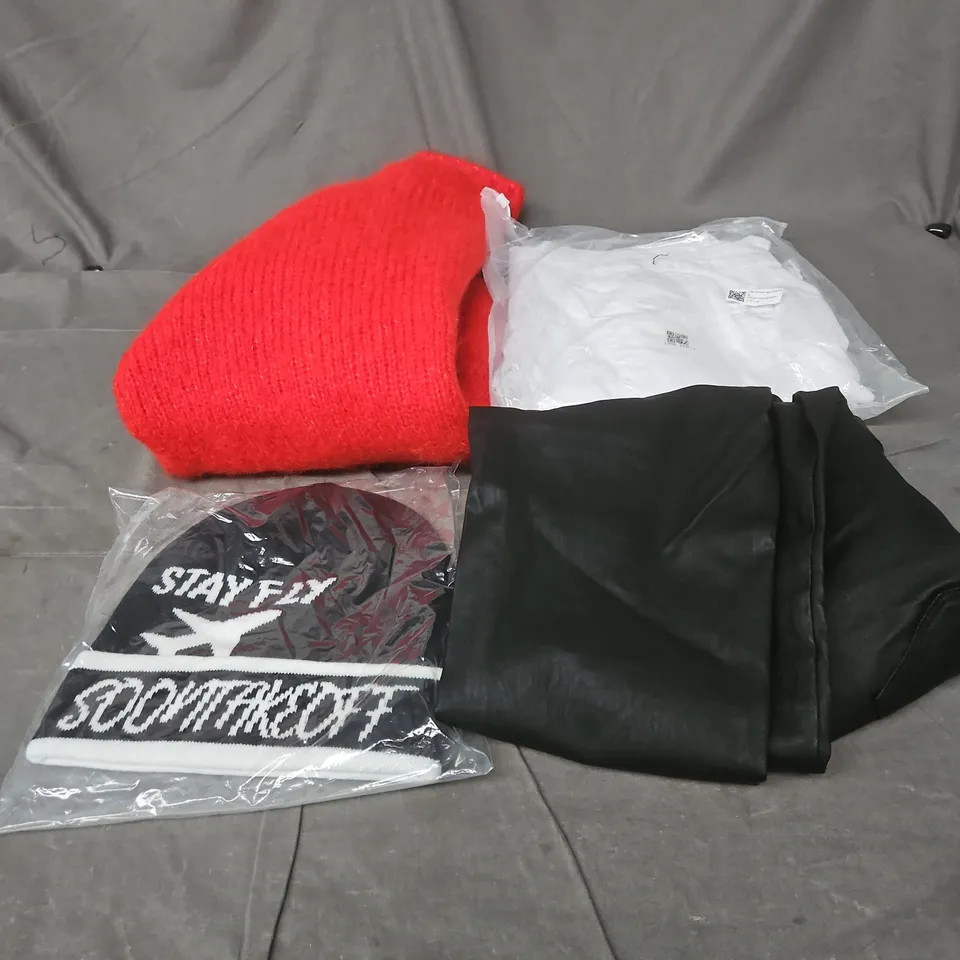BOX OF APPROXIMATELY 25 ASSORTED CLOTHING ITEMS TO INCLUDE RED KNITTED JUMPER, BEANIE, WHITE JEANS, LEATHER TROUSERS ETC