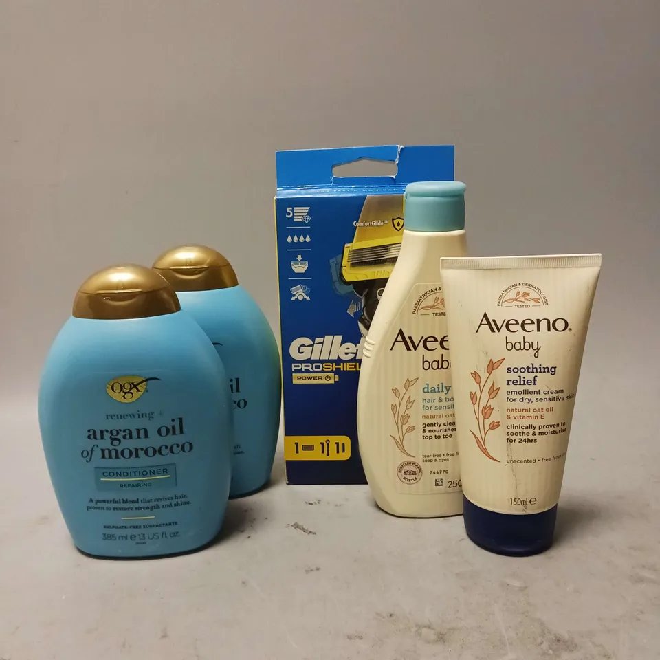 5 ASSORTED HEALTH AND BEAUTY ITEMS TO INCLUDE OGX ARGAN OIL OF MOROCCO SHAMPOO (385ML), AVEENO BABY DAILY CARE HAIR & BODY WASH (250ML), GILLETTE PRO-SHIELD POWER, ETC. 