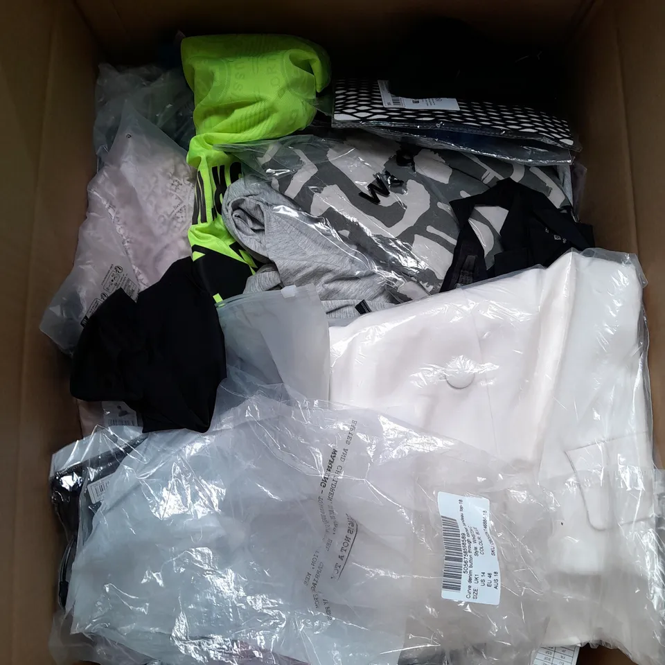 BOX OF APPROXIMATELY 25 ASSORTED CLOTHING ITEMS TO INCLUDE - DRESSES, SHORTS, TROUSERS ETC
