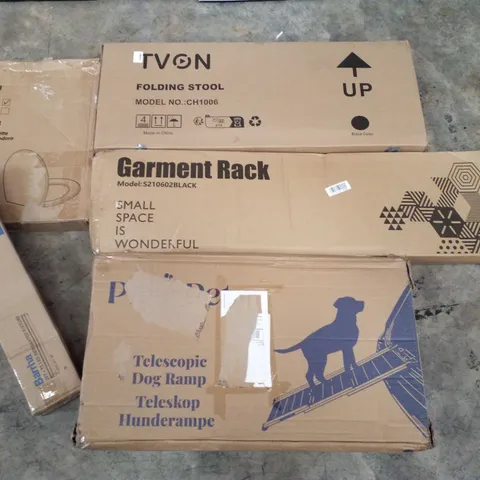 PALLET CONTAINING ASSORTED PRODUCTS INCLUDING TOILET SEAT, FOLDING STOOL, GARMENT RACK, TELESCOPIC DOG RAMP & LED INTEGRATED FIXTURE