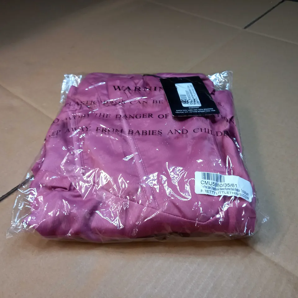 PACKAGED PINK SATIN DRAPE BARDOT SLEEVE RUCHED BACK BODYCON DRESS - SIZE 16