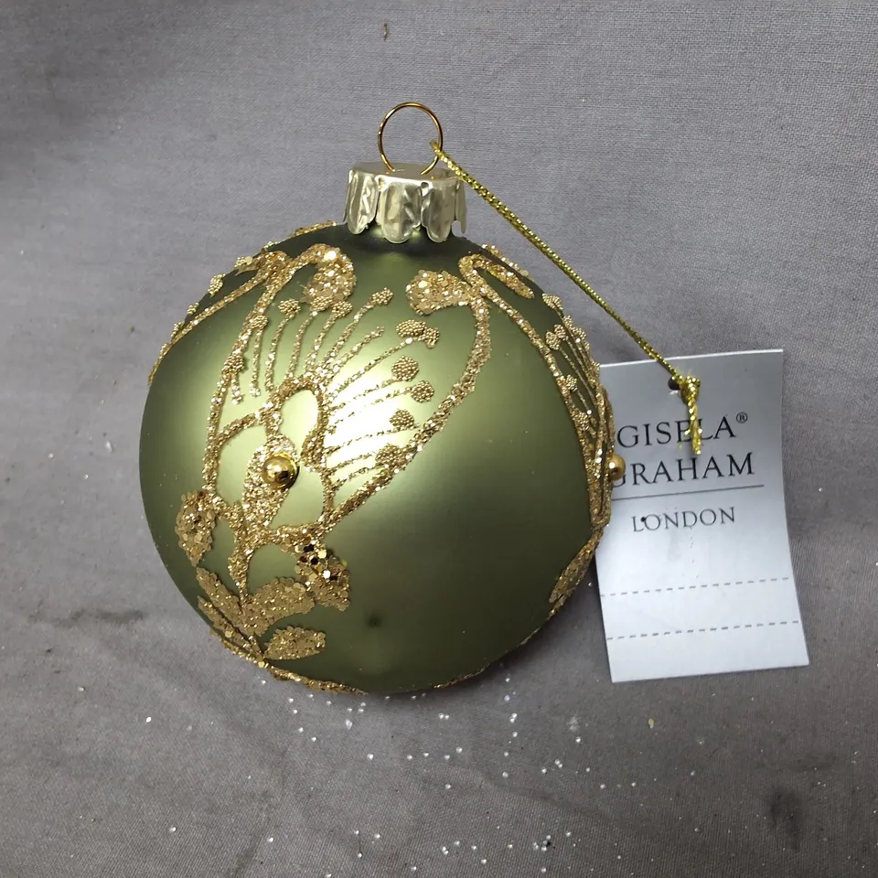 SET OF 12 GISELA GRAHAM DECORATIVE GREEN AND GOLD BAUBLES