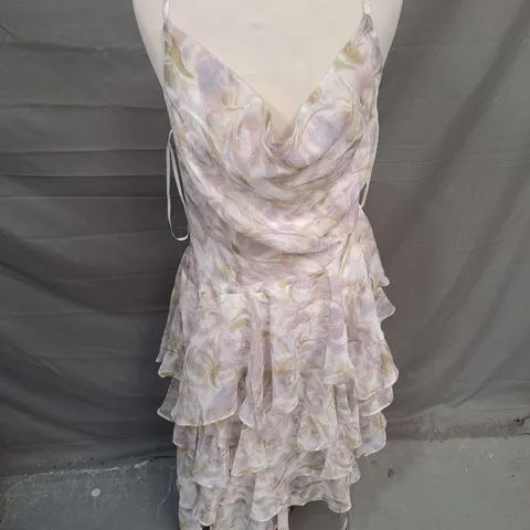LABELRAIL X OLIVIA GRACE HERRING COWL NECK ASSYMETRICAL RUFFLE DRESS IN MULTI SHIMMER SIZE 8