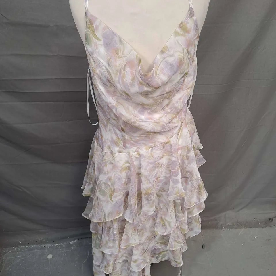 LABELRAIL X OLIVIA GRACE HERRING COWL NECK ASSYMETRICAL RUFFLE DRESS IN MULTI SHIMMER SIZE 8