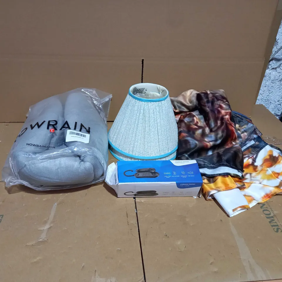 BOX OF APPROXIMATELY 14 ASSORTED HOUSEHOLD ITEMS TO INCLUDE A CORDED PHONE, A LAMP SHADE AND A TABLE CLOTH