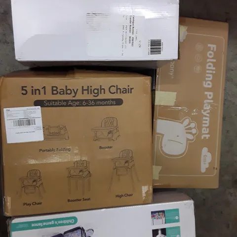 PALLET TO CONTAIN AN ASSORTMENT OF HOUSEHOLD ITEMS TO INCLUDE CHILDREN'S PLAY MAT, CHILDREN'S PLAY PENS, FUNKY TOASTER AND BABY HIGH CHAIR ECT