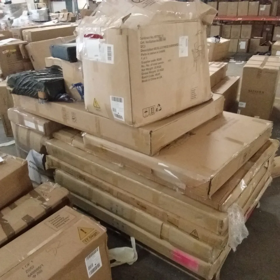 PALLET OF ASSORTED QUALITY DESIGNER INCOMPLETE FURNITURE PARTS AND PIECES