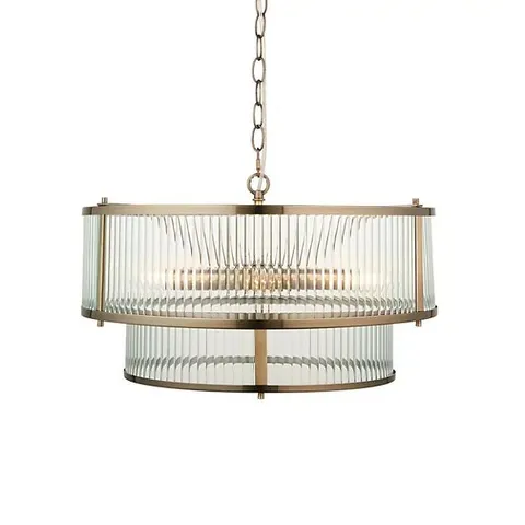 BOXED LUMINOSA RIDGETON CYLINDRICAL PENDANT CEILING LIGHT ANTIQUE BRASS PLATE & CLEAR RIBBED GLASS 5X E14