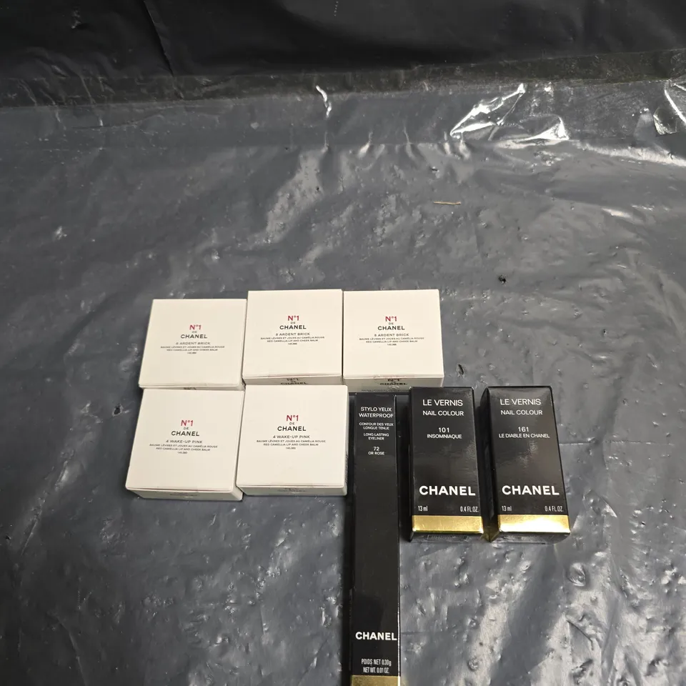 LOT OF APPROXIMATELY 8 CHANEL MAKE UP PRODUCTS TO INCLUDE NAIL POLISH, LIP AND CHEEK BALM AND EYELINER