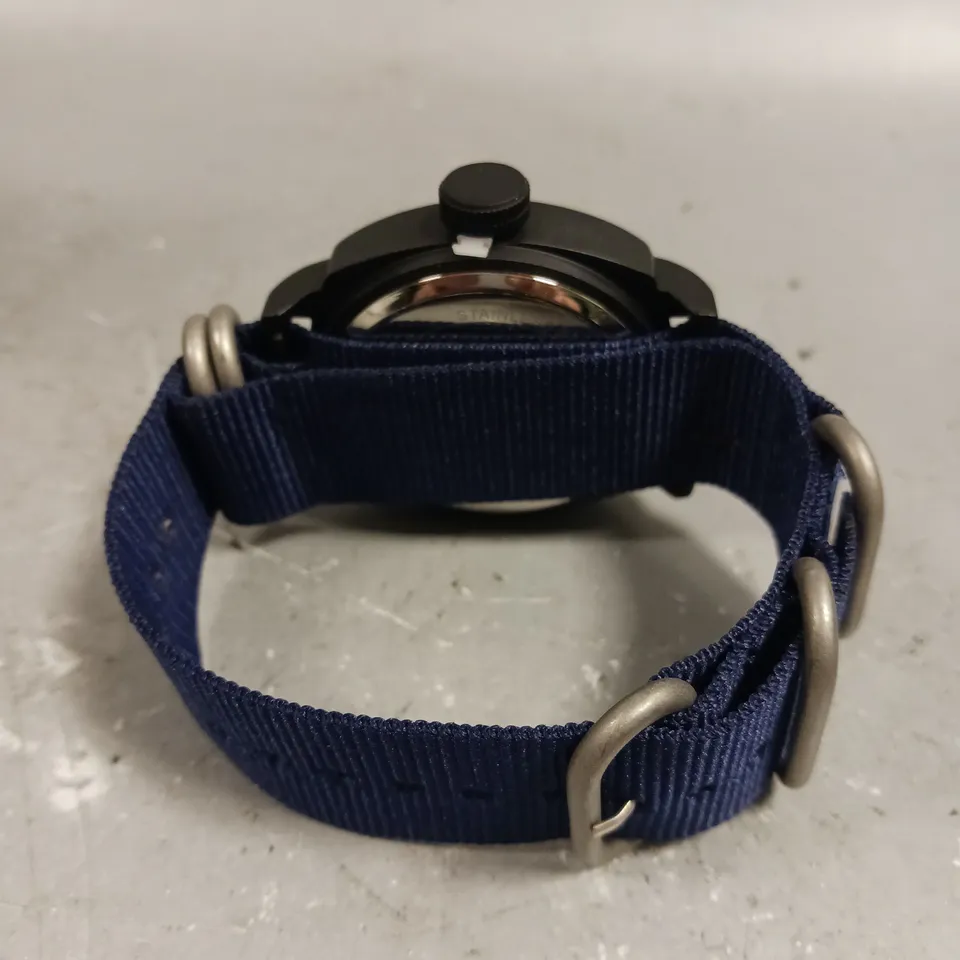 MENS FRANK SCHMIDT WATCH – LARGE BLACK CASE – WHITE PILOT DIAL – BLUE FABRIC STRAP