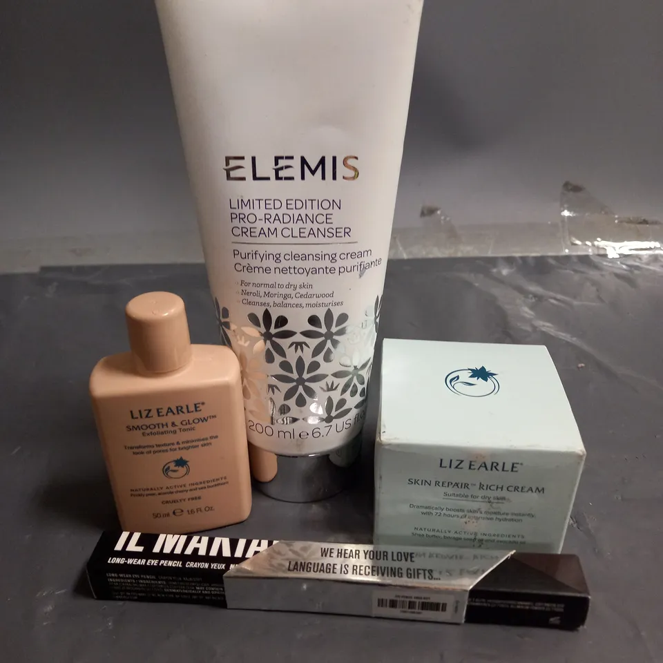 LOT OF 4 ASSORTED COSMETIC PRODUCTS TO INCLUDE - ELEMIS PRO-RADIANCE CREAM CLEANSER - IL MAKIAGE EYE PENCIL - LIZ EARLE SKIN REPAIR RICH CREAM