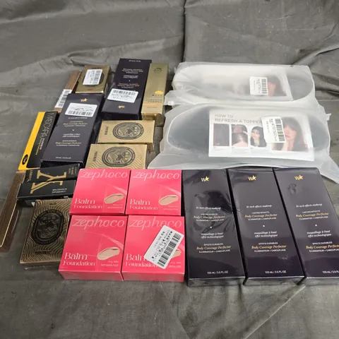APPROXIMATELY 12 ASSORTED HEALTH & BEAUTY PRODUCTS TO INCLUDE MASCARA, BALM FOUNDATION, AND WIGS ETC.