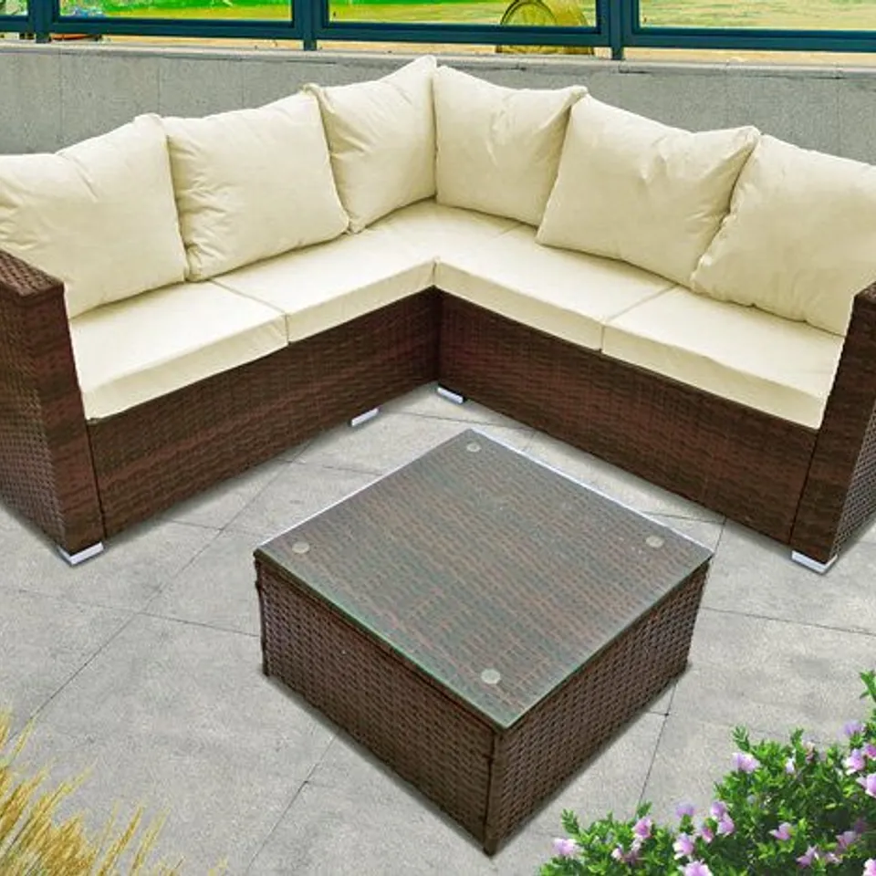 BOXED 5-SEATER TEMPLE RATTAN CORNER SOFA SET - BROWN (1 BOX)