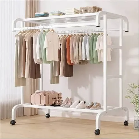 BOXED HEAVY DUTY ROLLING CLOTHES RACK WITH WHEELS METAL - WHITE