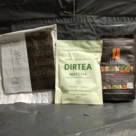 APPROXIMATELY 12 ASSORTED FOOD AND DRINK ITEMS TO INCLUDE DRIED SEAWEED, DIRTEA MATCHA, ETC