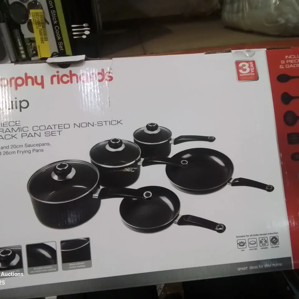 BOXED MORPHY RICHARDS 5 PIECE CERAMIC COATED NON-STICK BLACK PAN SET