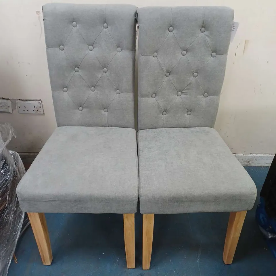 BOXED PAIR OF FABRIC SCROLL BACK DINING CHAIRS - GREY/OAK EFFECT [COLLECTION ONLY] RRP £259