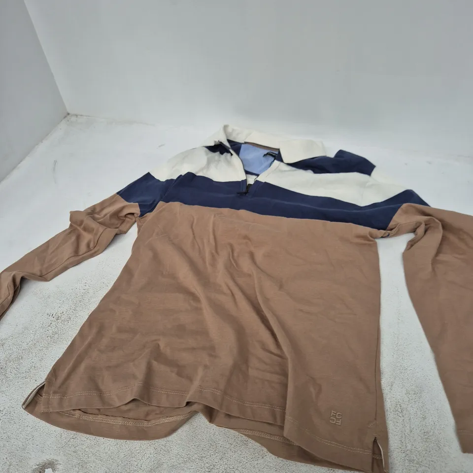 FRENCH CONNECTION STRIPED ZIP POLO SHIRT – ECRU/MIDNIGHT/MINK – SIZE M