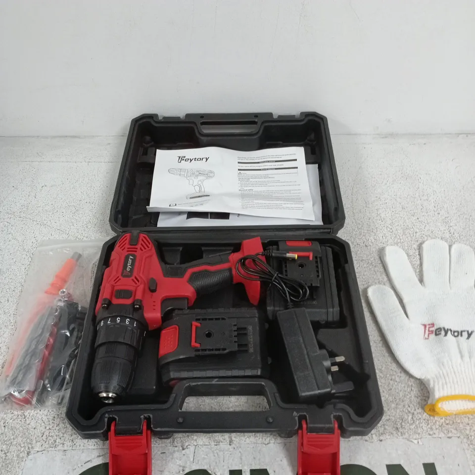 FEYTORY CORDLESS DRILL KIT IN CARRY CASE – DRILL, BATTERY, CHARGER, BITS & GLOVES