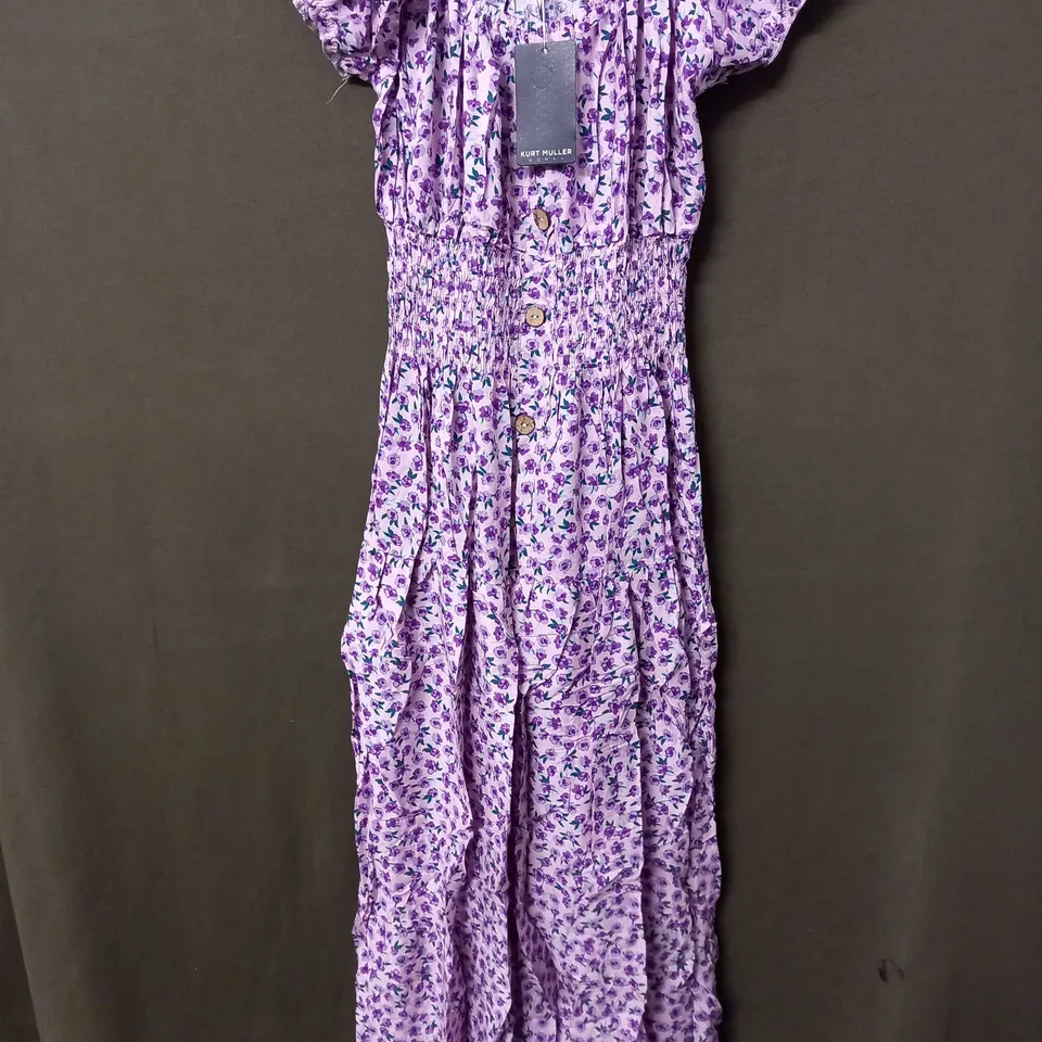 KURT MULLER WOMAN PUFFY SLEEVE MAXI DRESS IN FLORAL DESIGN IN PINK/PURPLE - S/M
