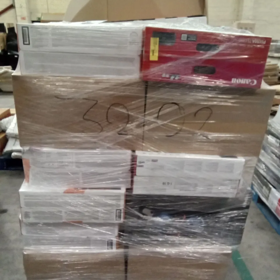 PALLET OF ASSORTED ELECTRONICS INCLUDING ONN PORTABLE AM/FM RADIO, POLAROID 9" PORTABLE DVD PLAYER, CANON PIXMA PRINTER, HP DESKJET, BLUETOOTH PARTY SPEAKER