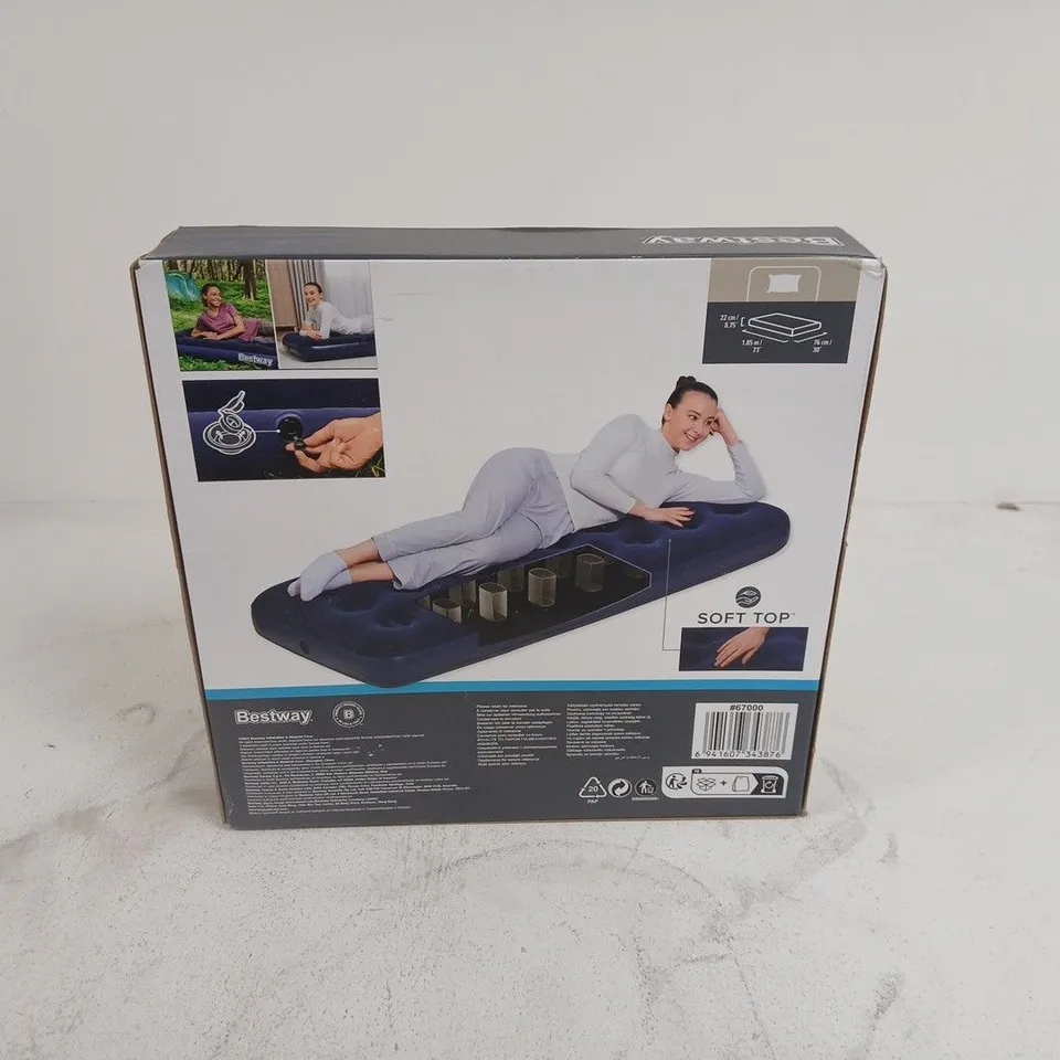 BESTWAY SOFT TOP INFLATABLE AIR BED WITH PUMP – 1.85M X 76CM X 22CM