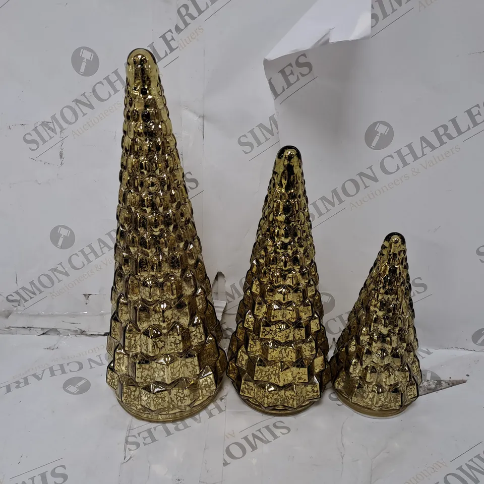 ALISON CORK SET OF 3 MERCURY GLASS TREES IN ANTIQUE GOLD