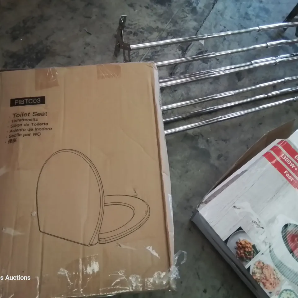 PALLET OF ASSORTED PRODUCTS, INCLUDING, WOK, FOLDING DRYING RACK, TOILET SEAT, SCREEN PROTECTORS, DOUBLE BURNER HOB.