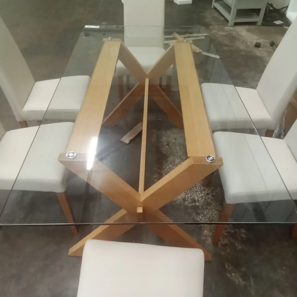 DINING SET INCLUDING GLASS TABLE & 6 WHITE CHAIRS 