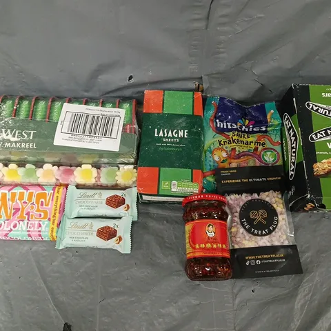 APPROXIMATELY 8 ASSORTED FOOD & DRINK ITEMS TO INCLUDE - TONEYS CHOCOLATE, LINDT WAFER, AND JOHN WEST MACKEREL ETC.