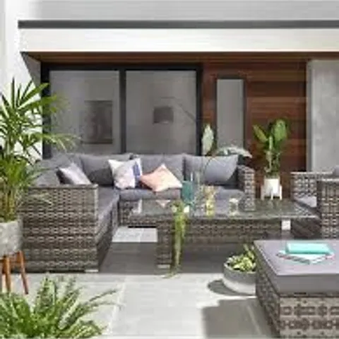 BOXED ARUBA 6-SEATER CORNER SOFA SET WITH CHAIR, FOOTSTOOL AND ADJUSTABLE TABLE GARDEN FURNITURE - PLEASE NOTE GLASS TOP IS COMPLETELY SHATTERED (4 BOXES)