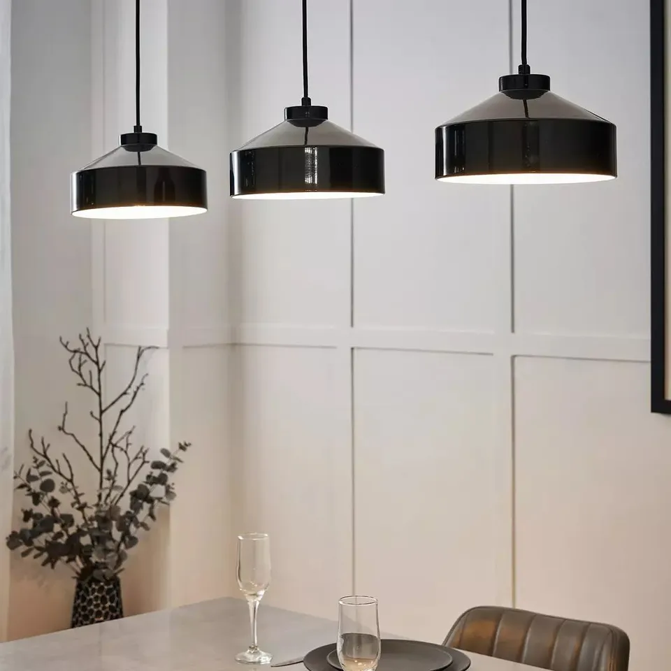 BOXED GLOSS BLACK METAL INDUSTRIAL 3 LIGHT DINER PENDANT