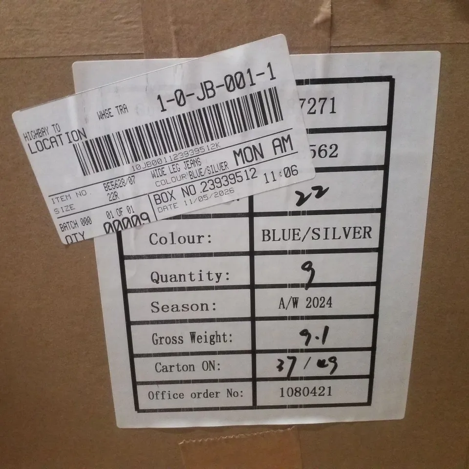 BOX CONTAINING APPROXIMATELY 13 BRAND NEW SIMPLY BE BLUE METALLIC WIDE LEG JEANS - SIZE 18R