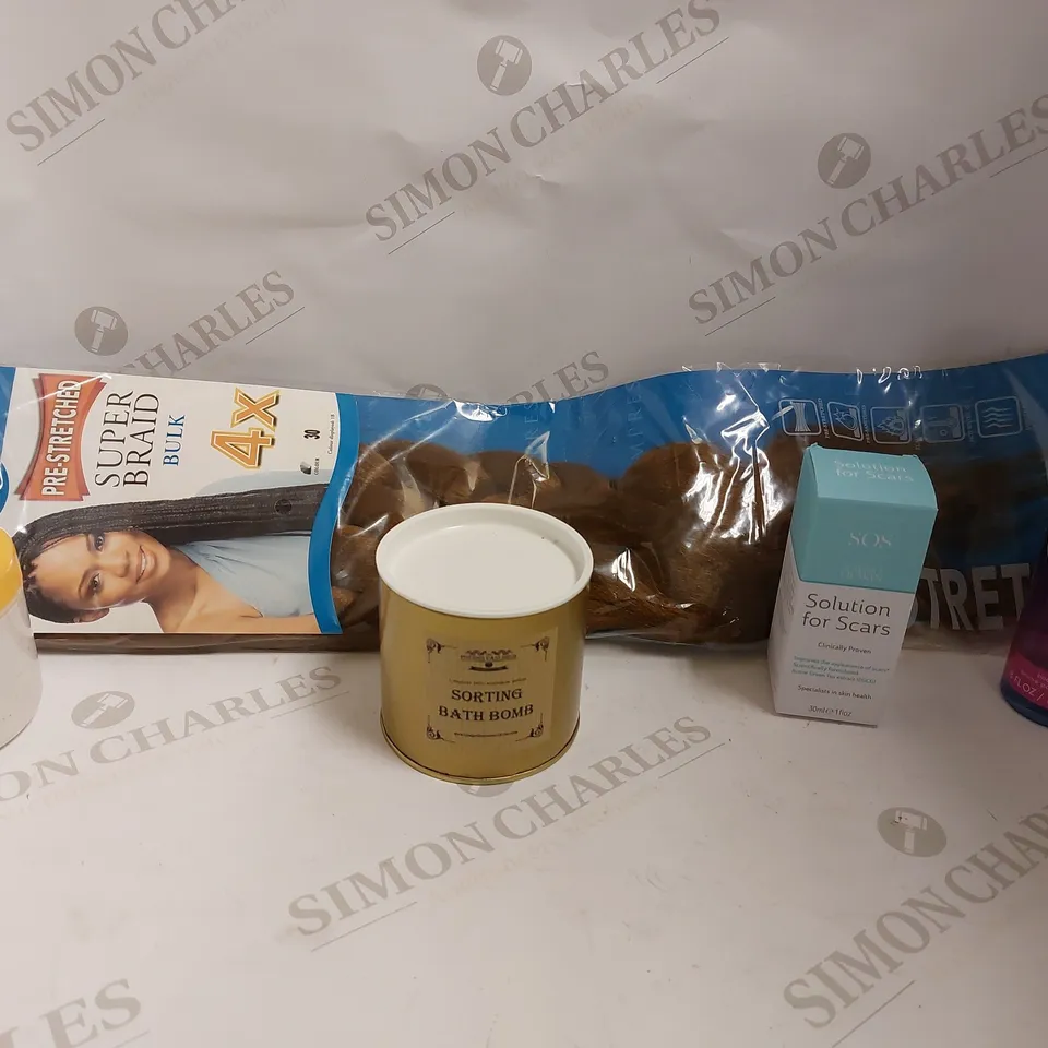 BOX OF APPROX 10 COSMETIC ITEMS TO INCLUDE PRE STRETCHED SUPER BRAID EXTENSIONS, ARIANA GRANDE BODY MIST AND SORTING BATH BOMB
